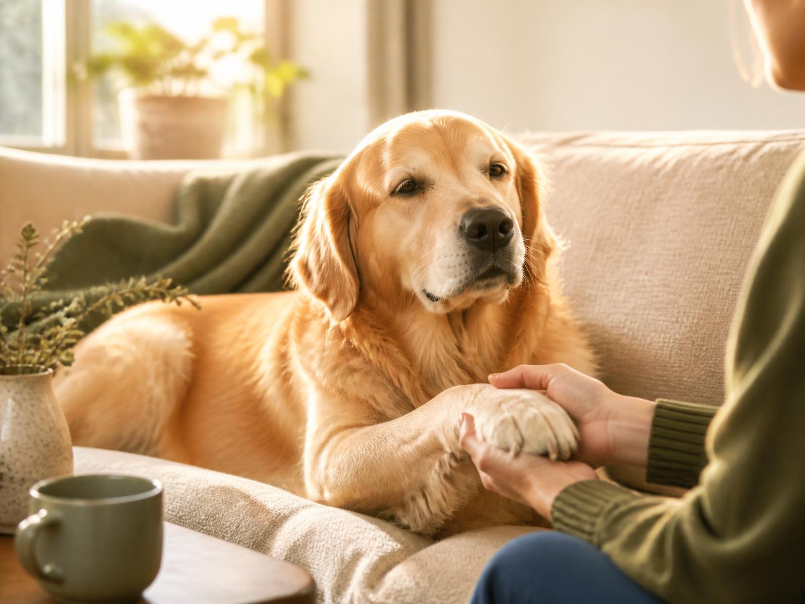 A relaxed golden retriever resting its paw in someone's hands on a sunlit sofa