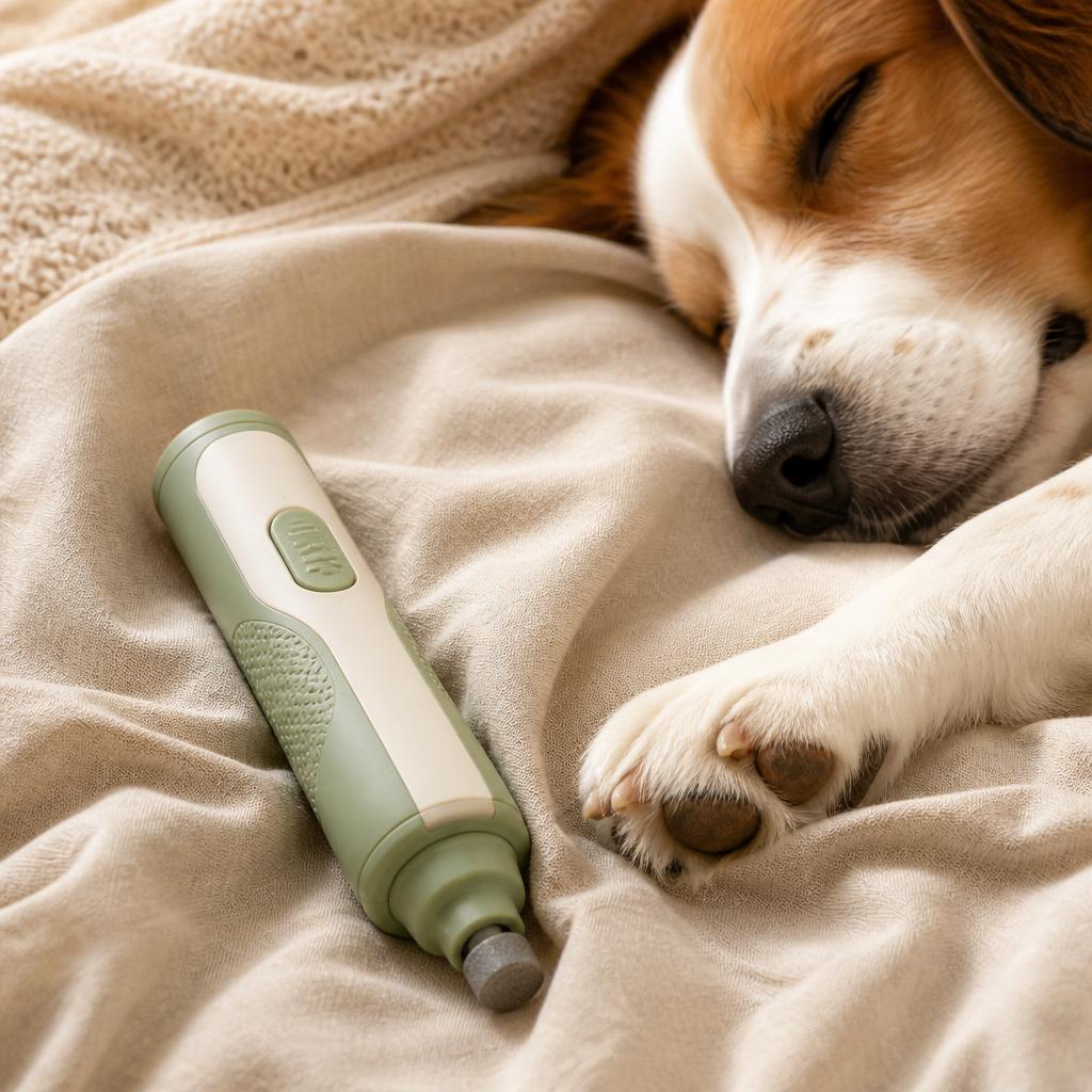 The sage green PawCalm nail grinder resting on a soft blanket